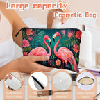 Cosmetic Bags Travel Makeup Toilet Case Waterproof Pouch for Women Girls 6.7X9.45inches - Two Flamingos in A Tropical Floral Setting