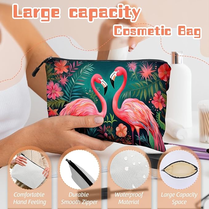 Cosmetic Bags Travel Makeup Toilet Case Waterproof Pouch for Women Girls 6.7X9.45inches - Two Flamingos in A Tropical Floral Setting