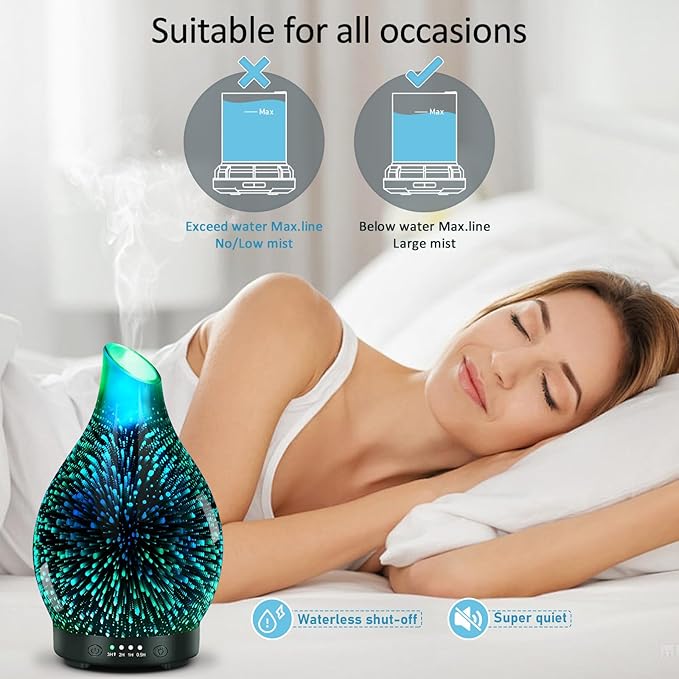 Essential Oil Diffuser 120ML -3D Firework Glass Aromatherapy Diffusers for Essential Oils with 4 Timer Setting Auto Shut-Off Silent Operation 7 Colors Lights Changing for Room, Office, Yoga