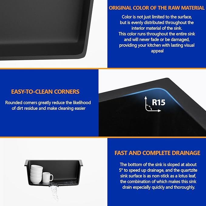 Dcolora 18 Inch Quartz Composite Black Wet Bar Sink Undermount Small Prep - Image 4
