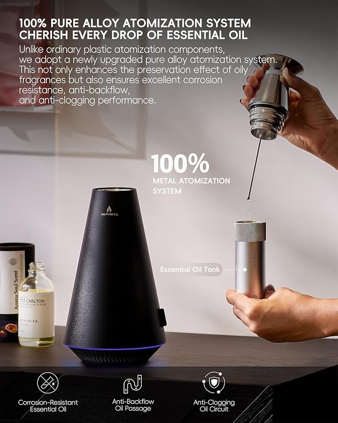 Waterless Scent Diffuser Starter Kit - 1500 Sq Ft Coverage, Alloy Atomization System,Mood Light,Smart Rechargeable Hotel Scent Diffuser, Including 120ml Essential Oil, for Home,Large Room,Spa,Black