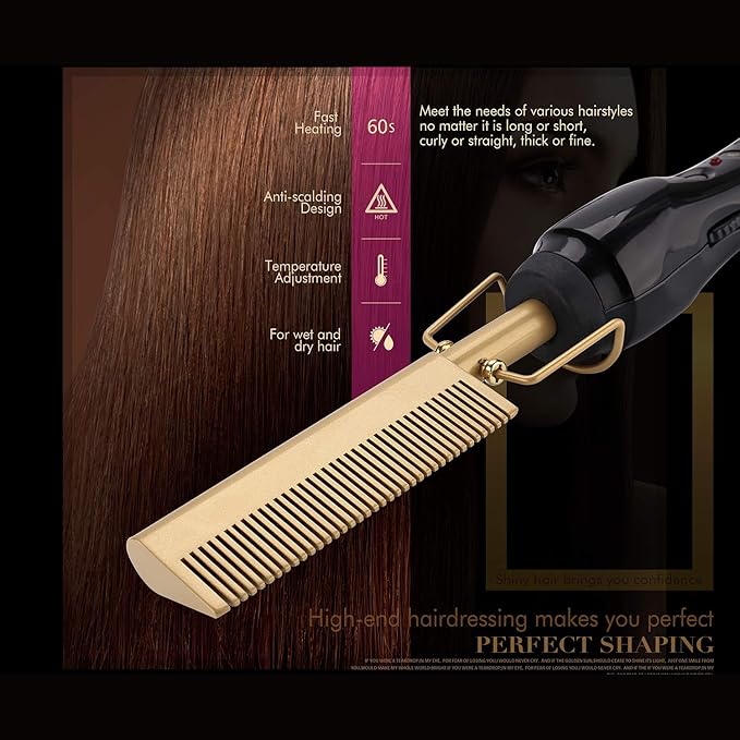Electric Hot Comb Hair Straightening Heat Pressing Comb Ceramic Curling Flat Iron Curlers Designed Hair Hot Comb Straightener,Portable Travel Anti-Scald Beard Straightener Press Comb