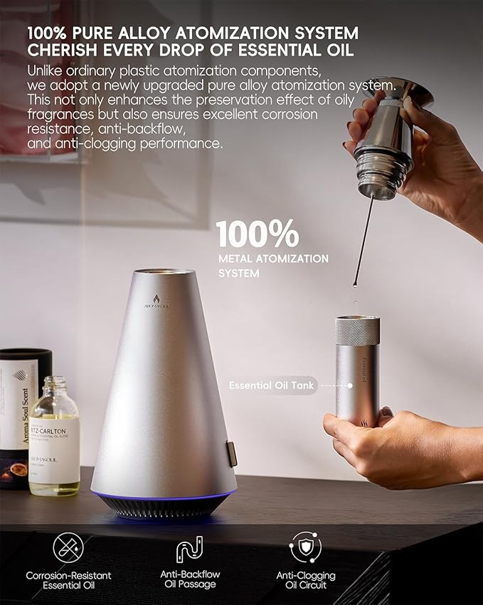 Waterless Scent Diffuser Starter Kit - 1500 Sq Ft Coverage, Alloy Atomization System,Mood Light,Smart Rechargeable Hotel Scent Diffuser, Including 120ml Essential Oil, for Home,Large Room,Spa,Silver