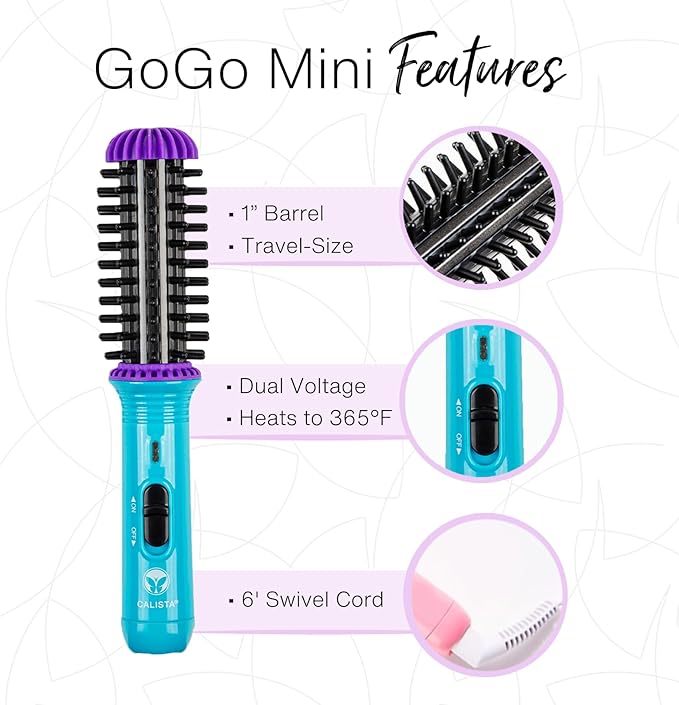 CALISTA GoGo Mini Heated Round Brush | Curl, Touch-Up, De-Frizz, and Style Hair with the Mini 7” Styling Tool | Heats to 365°F | Perfectly Designed Travel Tool | Dual Voltage (Peachy Pink)