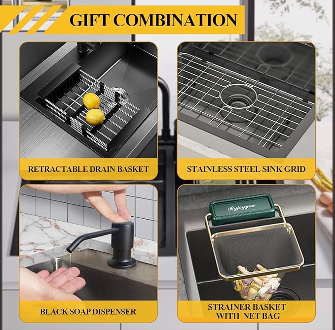 Black Kitchen Sink, Stainless Steel Topmount Bar Sink 22x18x9 Inch Single Bowl - Image 7