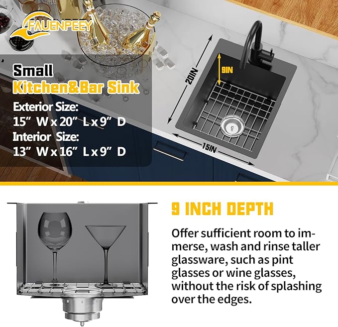 Small Black Kitchen Sink, 15x20 Inch Stainless Steel Drop In Toprmount - Image 3
