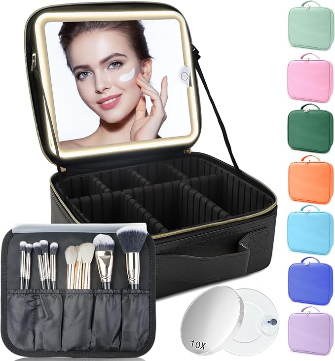 Makeup Bag with Led Mirror, Travel Makeup Organizer with 3 Color Setting & 10X by SUILU