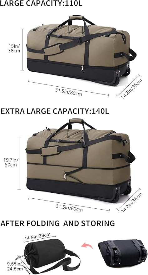 CONTAIL 32”110L Expandable 140L Rolling Duffle Bag - Image 4