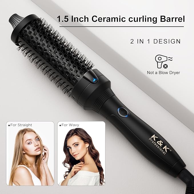 K&K Thermal Brush, Blowout Boost Ionic Round Heated Hot Brush, to Make Hair Smoother & Shinier, Easy to Use, Not for Blow Drying, 38mm Barrel,Dual Voltage, US Plug, Jet Black
