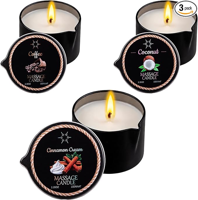 3 Pack Low Temperature Massage Oil Candle Set (2.35 oz Each) Soy Wax Candles That Melt into Skin-Nourishing Body Oil, 3 Assorted Scents for Home Spa, Massage Therapy, Relaxation, Self-Care & Festive