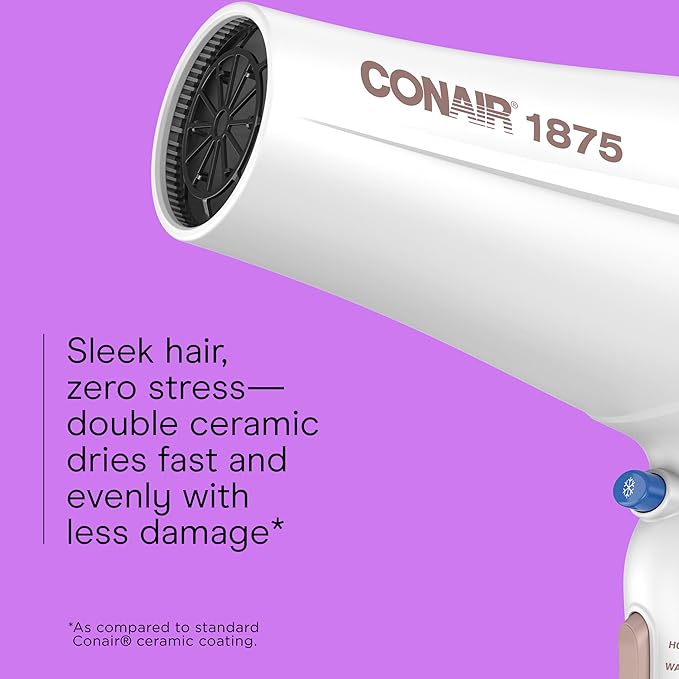Conair Double Ceramic Hair Dryer, 1875W Blow Dryer with Diffuser and Concentrator, Ionic Conditioning, 3 Heat & 2 Speed Settings, Amazon Exclusive, White