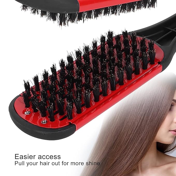 Clamp Hair Straightening Brush - Double-Sided Bristle Brush for Hair Straightening, Styling and Hairdressing for Women and Men (Red)