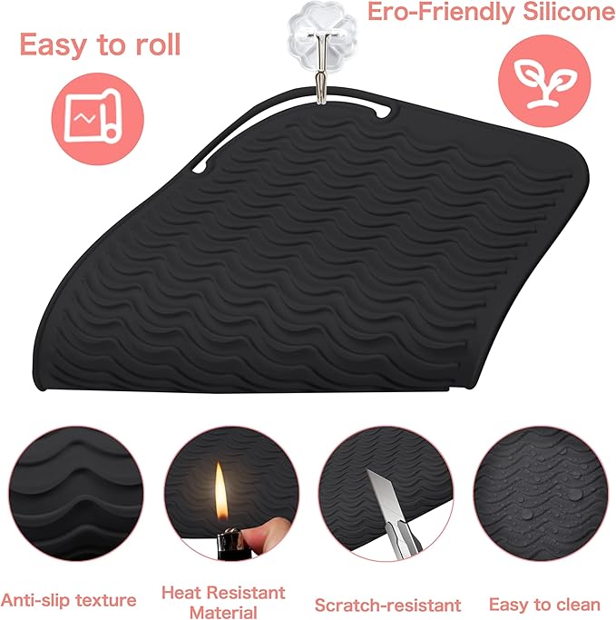 Heysam Heat Mat for Flat Iron Hair Straightener and Curling Iron Pad, Travel Storage Mat Pouch for Countertop, Professional Heat Resistant Silicone Mat for Hair Tools, 9"x6.5", Black