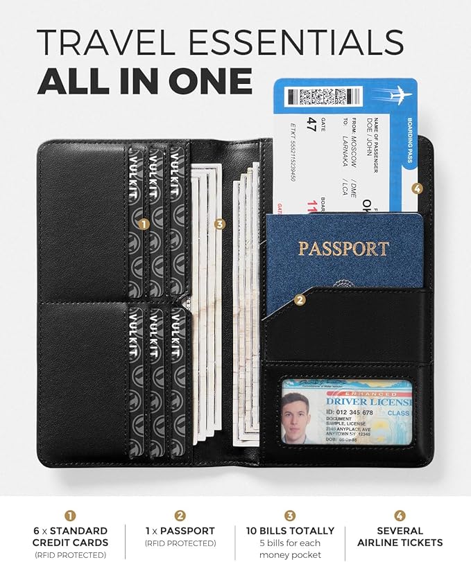 VULKIT Passport Holder Wallet RFID Blocking Travel Wallet - Image 2