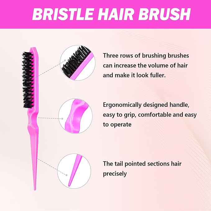DAN Technology Hair Styling Set - 3 Pieces Teasing Comb, Rat Tail Comb, and Edge Brush for Slicking Baby Hair & Flyaways - Pink