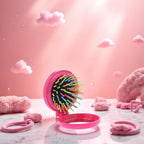 Pink Women Mini Round Folding Comb With Mirror Compact Travel Hairbrush Pop Up Brush Decor Candy-Colored Clamshell Airbag Comb Hair Brushes Styling Tools Appliances