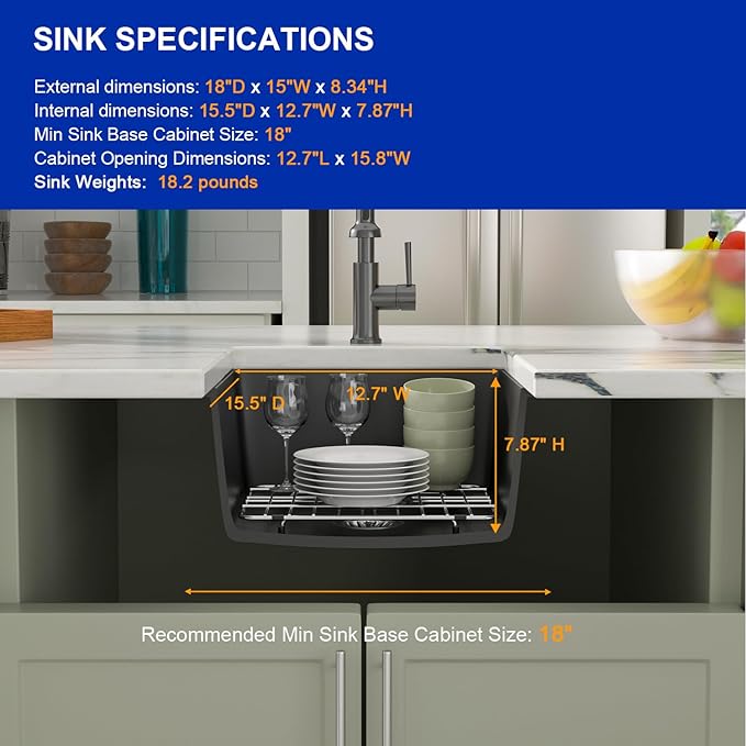Dcolora 15 Inch Granite Composite Black Bar Sink Undermount Small Kitchen Sink - Image 6