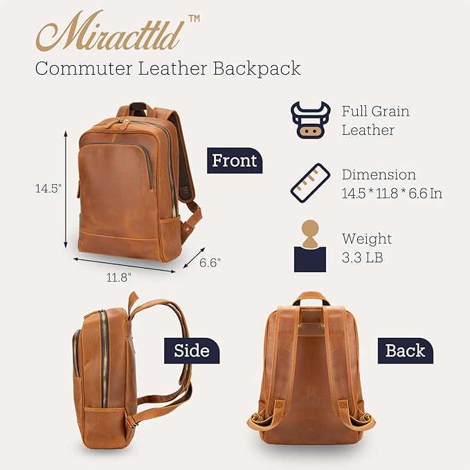 Leather Backpack for Men 15.6" Laptop Backpack 100% Madagascar top-Grain - Image 6