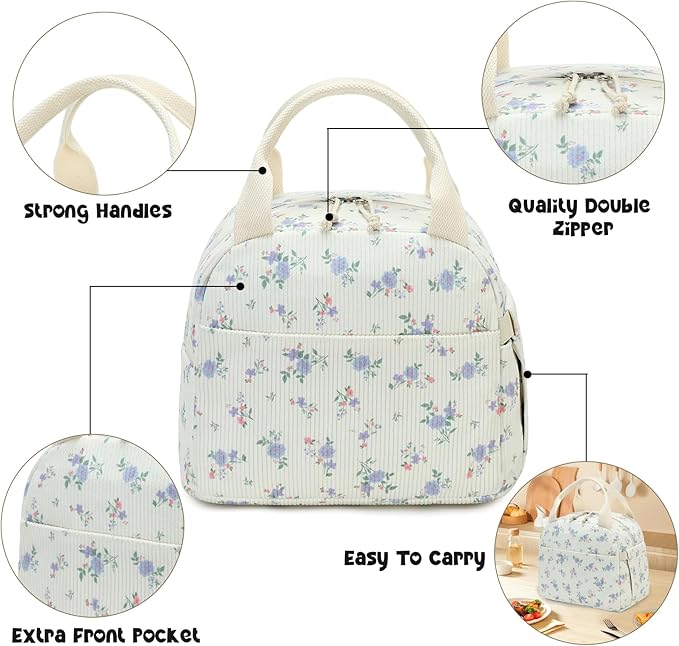 Bluboon Lunch Bag for Women Men Cute Corduroy Lunch Tote Bags Reusable - Image 9