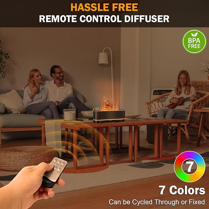 Essential Oil Diffuser，Colorful Flame Fire Diffuser Humidifier，Scent Aroma Diffuser, 7 Colors Changing Oil Diffuser for Home,Office(Remote Control，Timeable, Waterless Auto off-260ml) (Black)