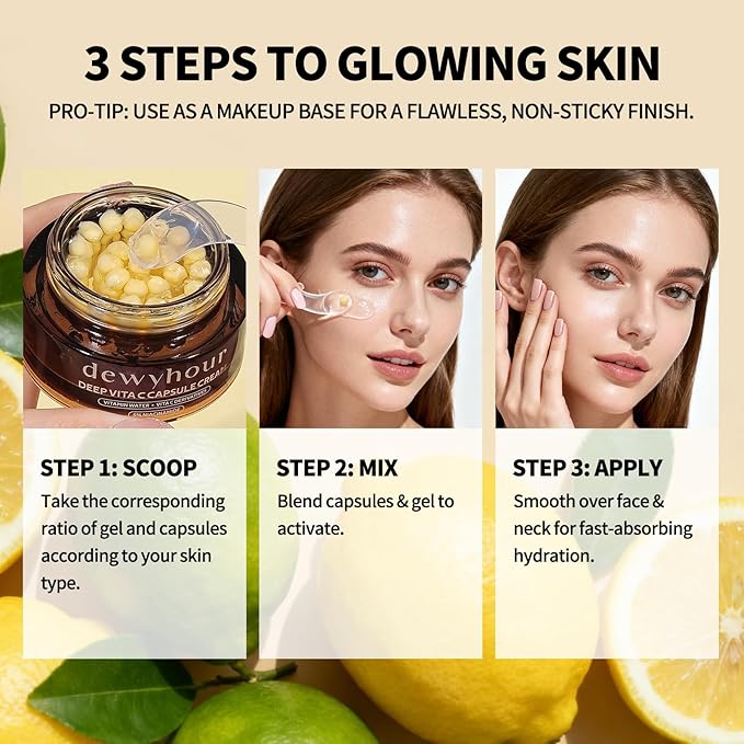 dewyhour Deep Vitamin C Golden Capsule Face Cream, Lightweight Face Moisturizer, Smoothing & Firming, Brightening Glow, Improves Appearance of Uneven Tone, Korean Skincare, For Dry Skin