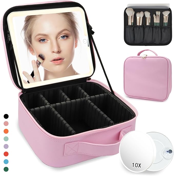Travel Makeup Bag, with Mirror 3 Color Setting and Detachable 10x Magnifying by MORMIDTravelMakeupBag