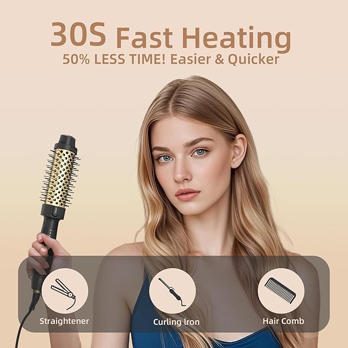 24K Gold Thermal Brush, Blowout Long Lasting Look Curling Brush, 30s Fast Heated Round Brushes 1.5" Makes Hair Smoother Get Natural Curls, 5 Temp Settings, Universal Voltage for Travel, Easy to Use
