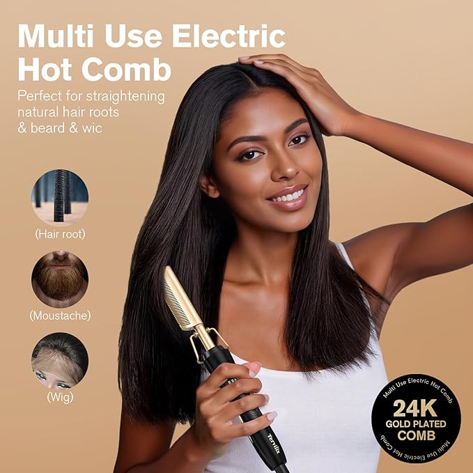 Terviiix Hot Comb for Lace Front Wigs, Curved Teeth Pressing Combs for Black Women Hair, Anti-Scald Straightening Comb, Electric Heat Comb, Temperature Adjustable, 60 Min Auto Shut Off