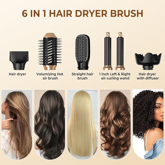 6 in 1 Hair Dryer Brush, Foldable Blow Dryer Brush with Wrap Curler, Detachable Air Hair Styler Curling, Drying,Volumizing, Straightening, Negative Ionic Hair Dryer with Diffuser, Hair Styling Tools
