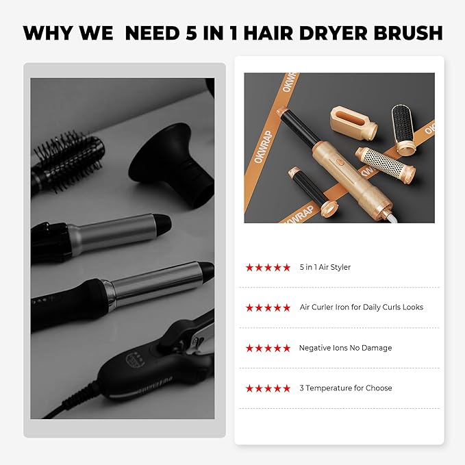 6 in ONE Blow Dryer Brush, Curling Wand Hair Styling Tools Set, Ionic Hot Air Hair Dryer, Massage Oval Hair Dryer, Left&Right Hair Curlers 100-120V