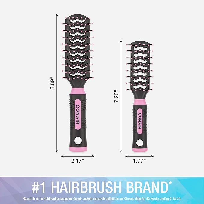 Conair Salon Results Vent Hairbrush Set - Detangling Hair brush - suitable for men and women - features Travel + Full-size - Pink/Black