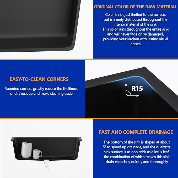 Dcolora 31 Inch Quartz Composite Black Kitchen Sink Undermount Sink Deep Single - Image 4