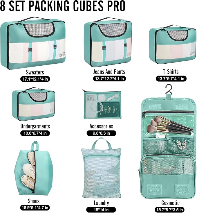 Veken 8 Set Packing Cubes for Travel Essentials, Suitcase Organizer Bags in 4 - Image 2