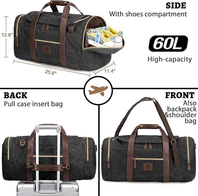 60L Duffle Bag for Men, Nomad Waxed Canvas Travel Duffel Bag Vintage Genuine - Image 2