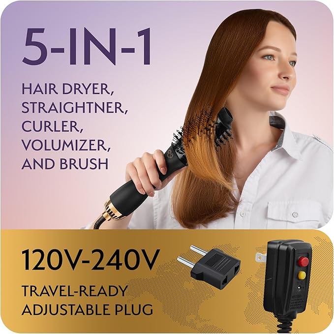 Manual Dual Voltage Blowout Hair Dryer Brush, Professional Hot Air Brush for European Travel 110V-120V/220V-240V, Black Gold Dryer and Volumizer for Women, 2.4 INCHES Oval Shape