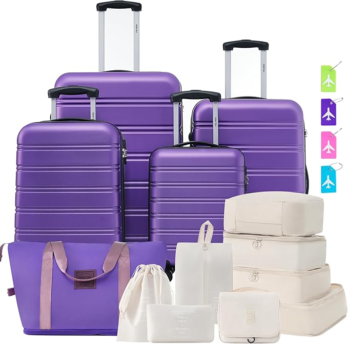 Merax Luggage sets of 13 Piece 16 20 20 28 IN Carry on Luggage Hard Case Purple by Merax