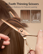 ULG Professional V-Tooth Hair Thinning Scissors Luxury 18K Rose Gold Coated 6.5" Barber Scissors 440C Japanese Stainless Steel Hand-Honed Convex Blades Offset Handles Tension Adjustable, Right-Handed