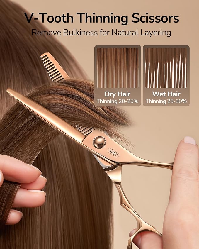 ULG Professional V-Tooth Hair Thinning Scissors Luxury 18K Rose Gold Coated 6.5" Barber Scissors 440C Japanese Stainless Steel Hand-Honed Convex Blades Offset Handles Tension Adjustable, Right-Handed