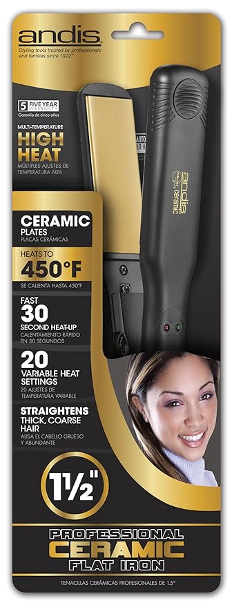 Andis 1.5-Inch High Heat Ceramic Hair Flattening Iron, Black (67770)