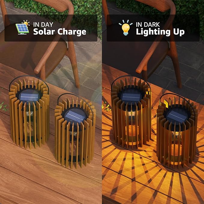 2 Set Solar Lantern Outdoor Rattan Lamp Outside Lights Hanging LED - Image 2