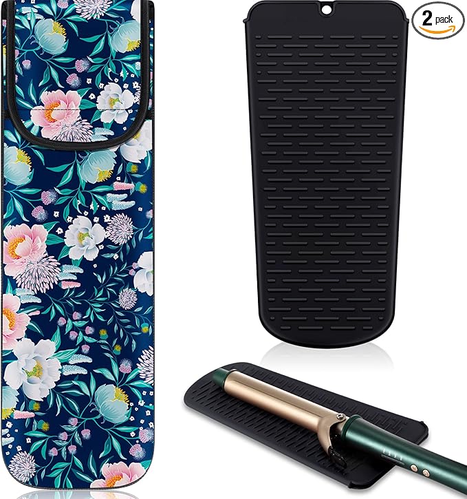 Shappy 2 Pcs Heat Resistant Hair Tools Bag Curling Iron Travel Case Cover Neoprene Flat Iron Holder Travel Case and Silicone Mat Pouch for Hot Hair Tools Storage Organizer(Flower Style)