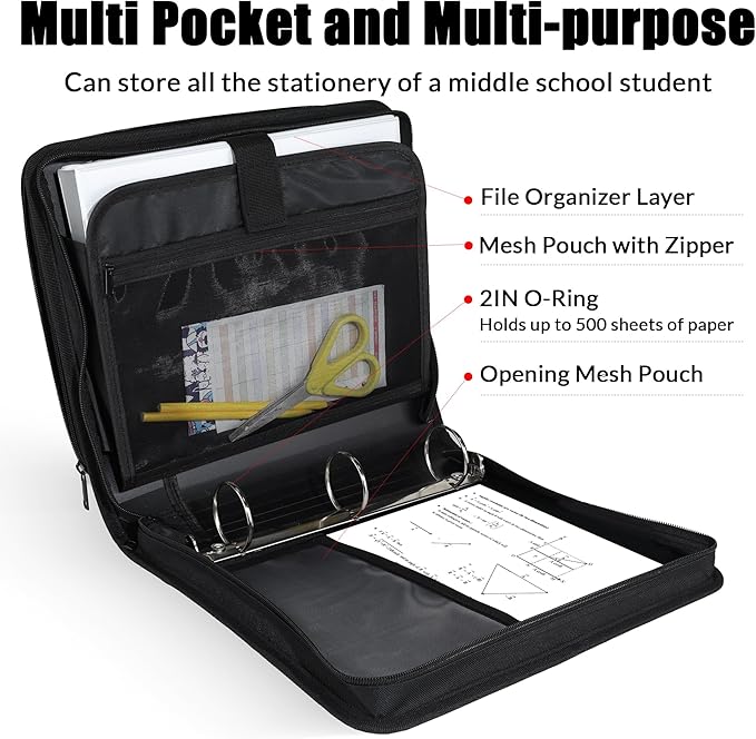 SUNEE Zippered Binder Bag with Handle, 2-Inch 3-Ring O-Ring, 500-Sheet Capacity - Image 3