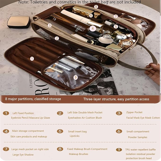 Travel Toiletry Bag for Women PU Leather Triple-layer Double Zipper Toiletry - Image 4