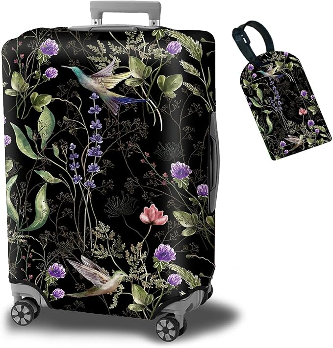 Suitcase Protector Plus 1 Luggage Tag, Wild Flowers Hummingbird Travel Suitcase by BWEGRHE