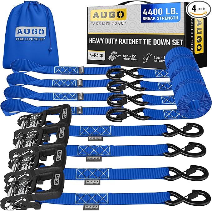 AUGO Heavy Duty Ratchet Straps & Soft Loops – Pack of 4 Extra Strong 1.5” by by AUGO