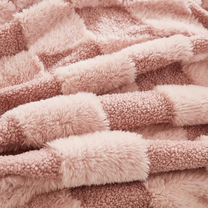 PU MEI Luxury Faux Fur Rabbit Fur Throw Blanket Pink 90"x80", Plush Reversible - Image 6