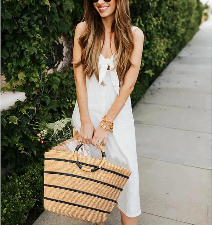 Beach Bags for Women Straw Tote Bag Summer Beach Bag Large Woven Straw Tote for - Image 3