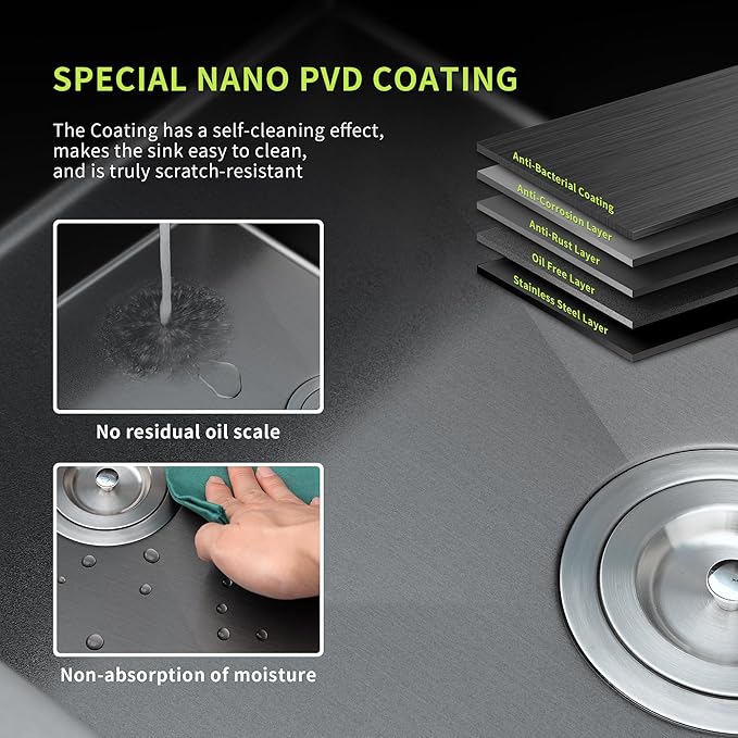 Black Kitchen Sink Drop-In 22 x 18 inch, SINKVINE PVD Nano Stainless Steel Bar - Image 6