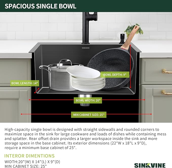 Black Kitchen Sink Drop-In 22 x 18 inch, SINKVINE PVD Nano Stainless Steel Bar - Image 4
