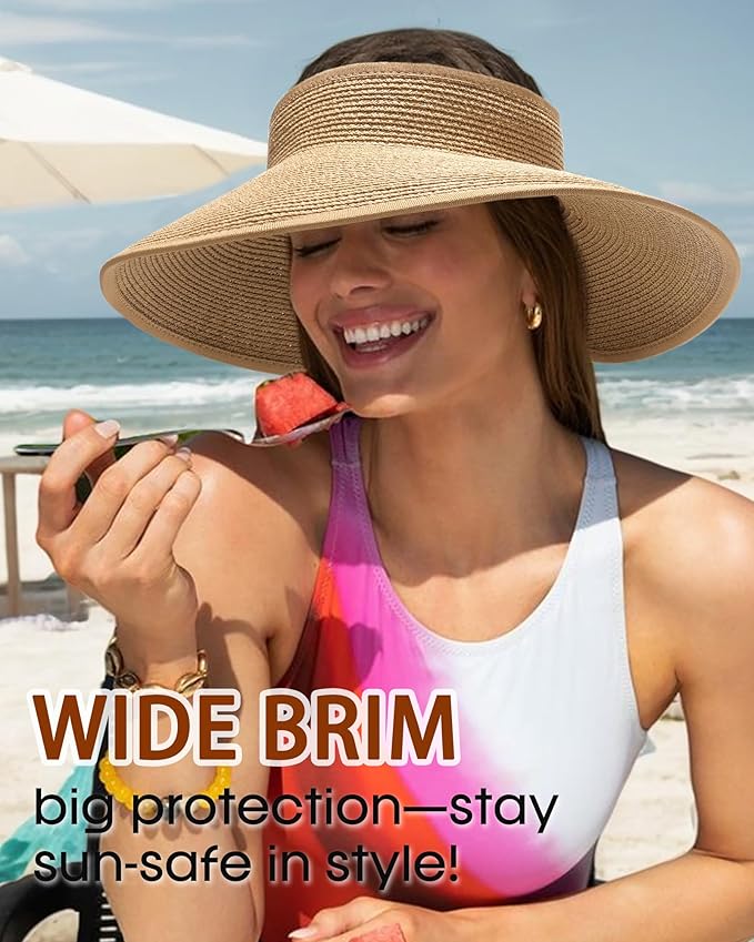 Womens Sun Visor Hats Wide Brim Straw Beach Hat UV Protection Ponytail Packable - Image 2